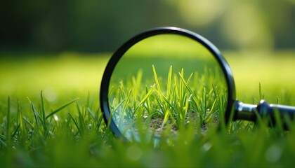 Close view of grass through magnifier tool on green lawn. Glass tool zooms blades. Exploration of agriculture, botanical study, eco inspection and ground analysis in park for education.