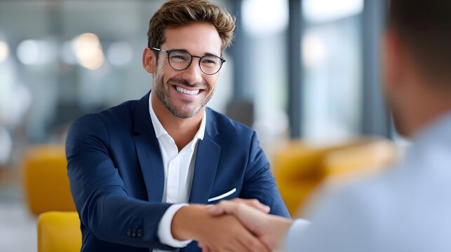 A confident businessman in a suit and glasses smiles while shaking hands with another person in a bright modern office fostering connection and trust