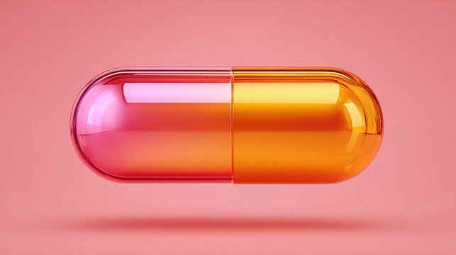 A close-up shot of a bright pill floating with a pink background