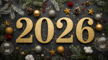 Happy New Year 2026 background with elegant golden glitter numbers, fir branches, and festive holiday ornaments
