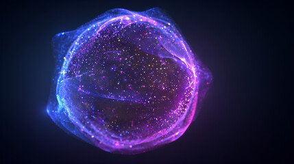 Abstract 3d sphere of purple and blue neon gradient particle waves. Artificial Intelligence concept, virtual assistant, future technology, innovations. Vibrant energy sphere, glowing 3d orb.