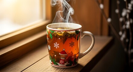 A steaming hot mug of tea, decorated with festive Christmas imagery, sits on a wooden windowsill, emitting a visible cloud of aromatic vapor