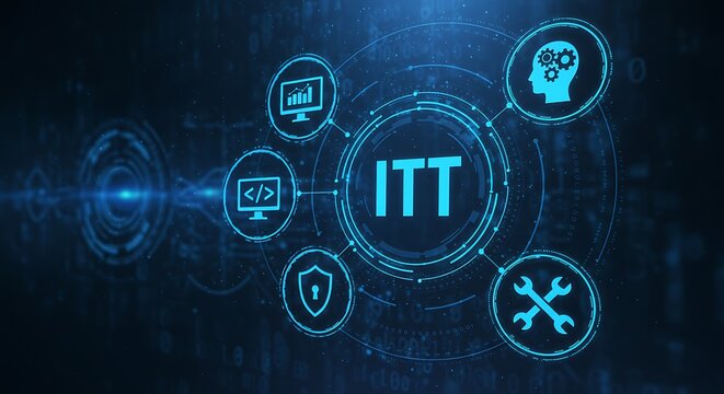 Digital network diagram showcasing it services with icons for analytics, coding, security, and human resources, representing technological integration