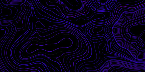 Abstract topographic map lines in vibrant purple on a dark black background
