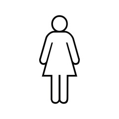 A simple black and white pictogram of a female figure with a circle head and skirt shaped body design