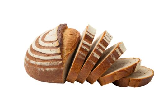 Sliced artisan bread on a white background, representing healthy food and baking