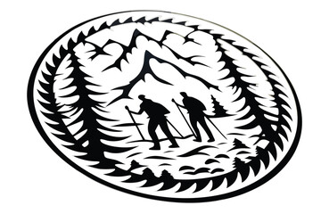 Two silhouette hikers trek through a mountain wilderness surrounded by a decorative oval border