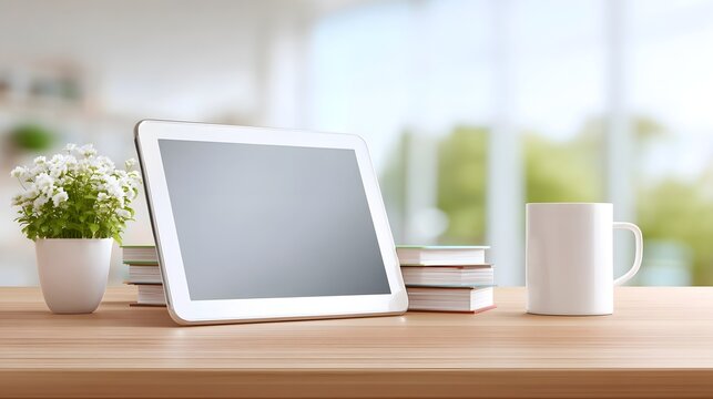 A minimalist workspace featuring a tablet stack of books a small flowering plant and a white mug on a wooden desk illuminated by natural light