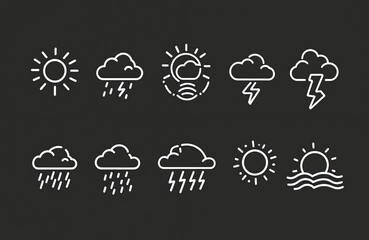 Set of minimalist white weather icons on black background. Includes sun, clouds, rain, lightning, wind, and sun over water. Simple graphic symbols for forecast.