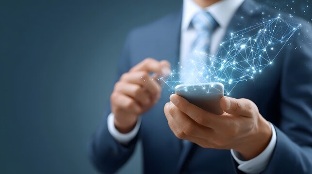 Close up of a business professional interacting with a mobile phone from which a luminous digital network structure emerges illustrating data flow innovation and advanced communication