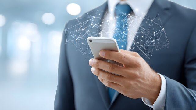 Close up of a man in a blue suit and tie holding a modern smartphone overlaid with a glowing network of connections representing technology data transfer and global communication