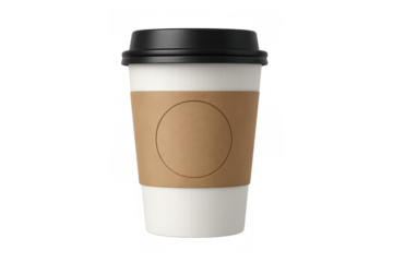 Disposable paper coffee cup with lid and sleeve, hot beverage takeaway, enjoying a fresh morning drink