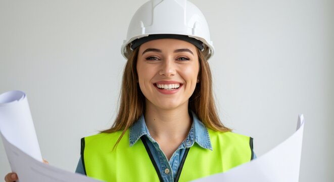 Smiling female architect in hardhat holding blueprints isolated on white background