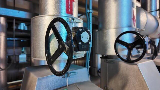 Close-up of a large metal valve in an industrial boiler room