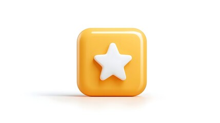 Vibrant 3D illust n of a bright yellow rounded square icon  A clean white five pointed star is centered within conveying themes of achievement recognition or a favorite selection
