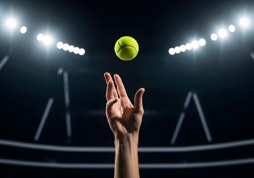 Action shot of a tennis player serving the ball during a professional match under stadium lights