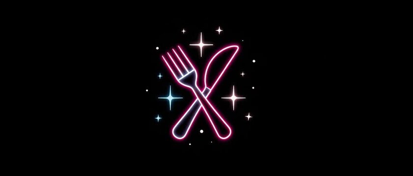 Neon light glowing kitchen utensil fork, spoon, knife icon isolated dark background. Panoramic video