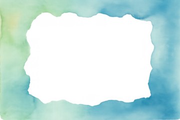 Abstract frame made with blue and green watercolor paint, featuring a unique border and wavy edges on a clear background