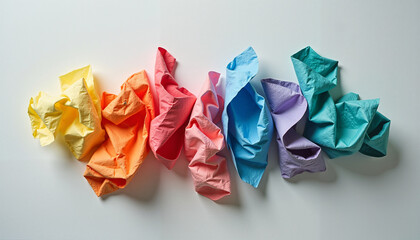 Folded colorful fabric circles on light background, vibrant flower-like textile composition