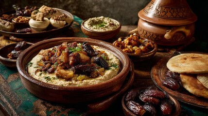 Traditional ramadan kareem iftar scene with authentic arabic healthy food arrangement featuring dates nuts milk and wholesome dishes for festive fasting season celebration background