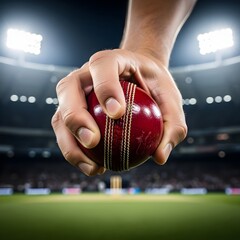 Cricket ball gripped in hand ready to throw on field under stadium lights