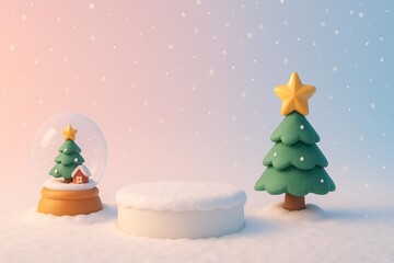 Festive 3D Christmas Podium Scene with Snow Globe and Tree - Winter Holiday Display