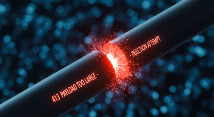 A high-tech digital illustration shows a damaged data cable, with error messages, highlighting the dangers of cyber-attacks and data breaches.