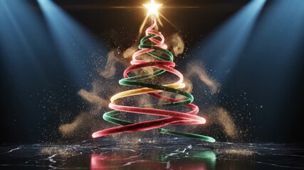 Christmas tree formed by spiraling red green and gold ribbons with glowing star on top under stage lights - Powered by Adobe