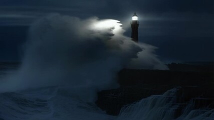 Strong waves crash against the rocky coastline as a lighthouse beams its light through dark clouds at night. The scene captures nature's power and guidance at sea - Powered by Adobe