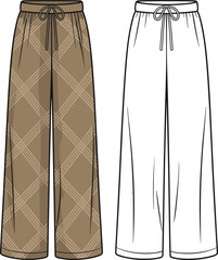 Wide leg pants fashion sketch with plaid pattern and drawstring waist, apparel design, cad drawing flat vector illustration