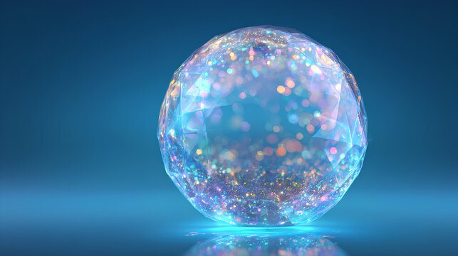 Abstract blue gradient 3d sphere background. Futuristic glass sphere with light reflections and bokeh. Crystall ball and energy orb. Information technology concept,  data science, AI. 