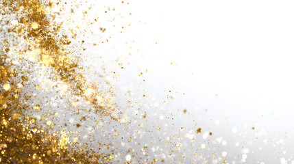 Abstract glitter effect. Magic glow with twinkling dust, gold confetti, and luminous flare. Elegant festive texture on white background for celebration, card, or year overlay.