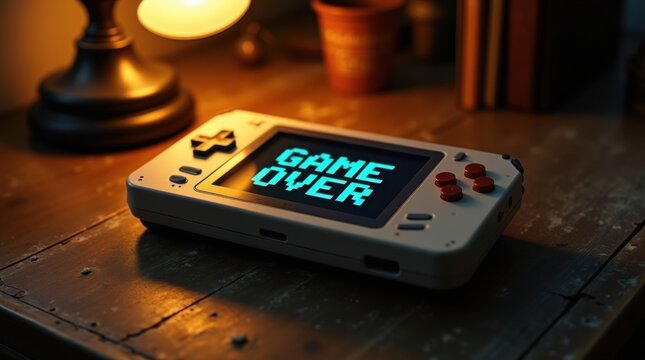 Consola portátil clásica con texto luminoso de 8 bits “GAME OVER”
