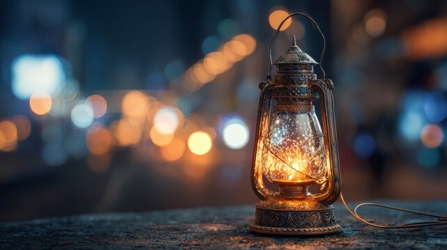 Vintage ramadan lantern glowing at night with warm light, creating festive eid mubarak atmosphere for muslim holiday celebration