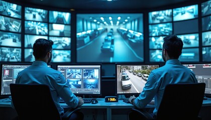 Two men monitor video surveillance footage in a control room. They review cameras feed on large screens. Security officers observe traffic. They analyze data in a modern workplace.