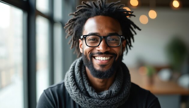 Smiling man with dreadlocks and beard wearing black shirt and grey scarf. Happy male person with glasses indoors near window. Confident young adult with fashionable hairstyle and eyewear. - Powered by Adobe