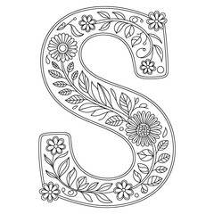 Floral Letter S Coloring Page, Decorative Alphabet Outline with Flowers and Leaves, Botanical Monogram Coloring Design