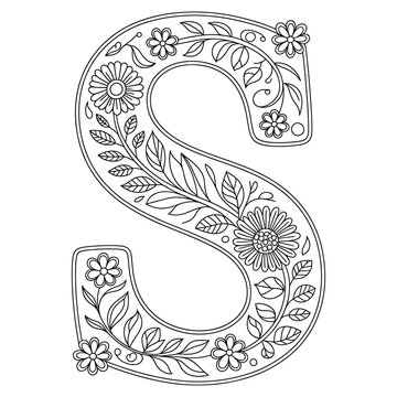 Floral Letter S Coloring Page, Decorative Alphabet Outline with Flowers and Leaves, Botanical Monogram Coloring Design