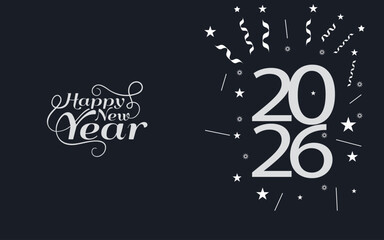 A festive New Year 2026 design featuring elegant 'Happy New Year' script and bold 2026 numerals with star confetti on a deep navy backdrop, conveying celebration, joy, and anticipation.