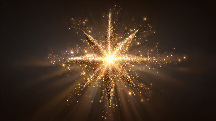 A radiant star bursting with golden light against a dark background, evoking a sense of wonder and celestial beauty. The star's points emanate beams of light, creating a dazzling spectacle