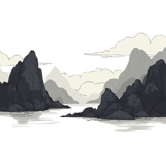 Landscape with rocky mountains and white clouds in the sky. Traditional oriental ink painting sumi-e, u-sin, go-hua