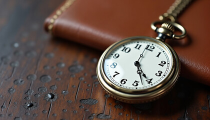 Vintage pocket watch resting on a leather wallet with a wooden background
