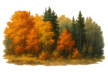Autumn forest landscape painting with vibrant fall foliage and an impressionistic style, transparent background