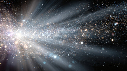 A cosmic display of exploding stars and radiant light. This image shows a vast expanse of space with a bright, energetic light source at its center, surrounded by shimmering stellar particles.