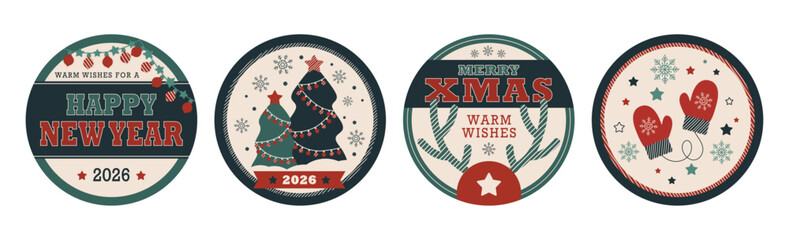 Christmas retro framed round stickers. Vintage colorful design, xmas winter holidays banner vector set