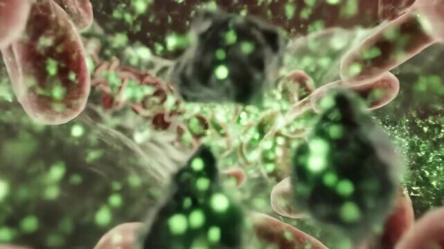 Blood detoxification process, capillaries illuminated with soft green luminescence, antioxidants stabilize free radicals, the bloodstream glows with renewed balance