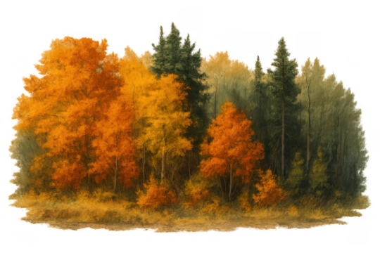 Autumn forest landscape painting with vibrant fall foliage and an impressionistic style, transparent background - Powered by Adobe