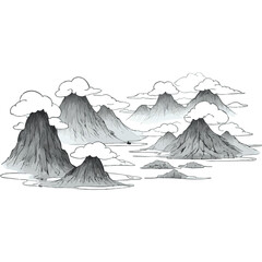 Landscape with rocky mountains and white clouds in the sky. Traditional oriental ink painting sumi-e, u-sin, go-hua