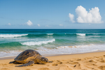 Wild sea turtle on a sandy tropical beach with turquoise ocean waves and clear blue sky. Perfect wildlife image for eco-travel ads, conservation posters, nature campaigns, brochures, website headers.