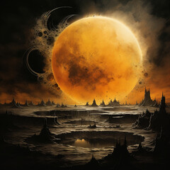 Epic sci-fi landscape with a giant glowing orange moon over a dark alien terrain, surreal craters. Perfect fantasy background for game art, book covers, posters, space designs, cinematicillustrations.